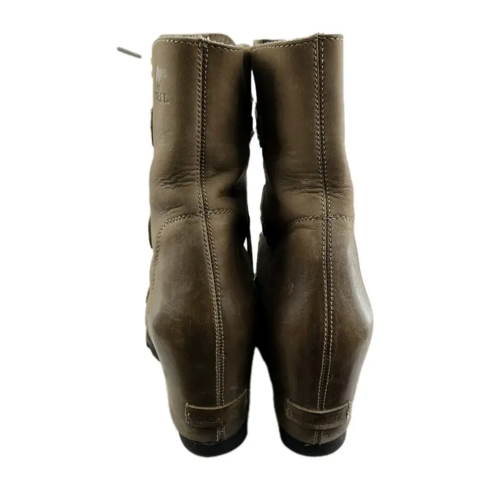 Sorel Boots Womens 9 Joan Of Artic Wedge Mid Tan Distressed Dark‎ Fog Waterproof
